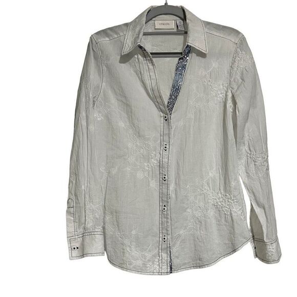 Chico's Top Women's Size Small White V Neck Long Sleeves Button Down Shirt - Picture 1 of 5
